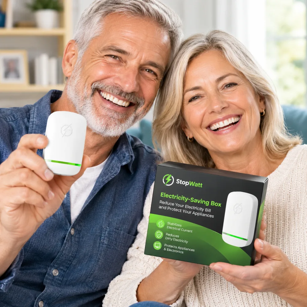 Smiling couple showing the StopWatt energy saving device