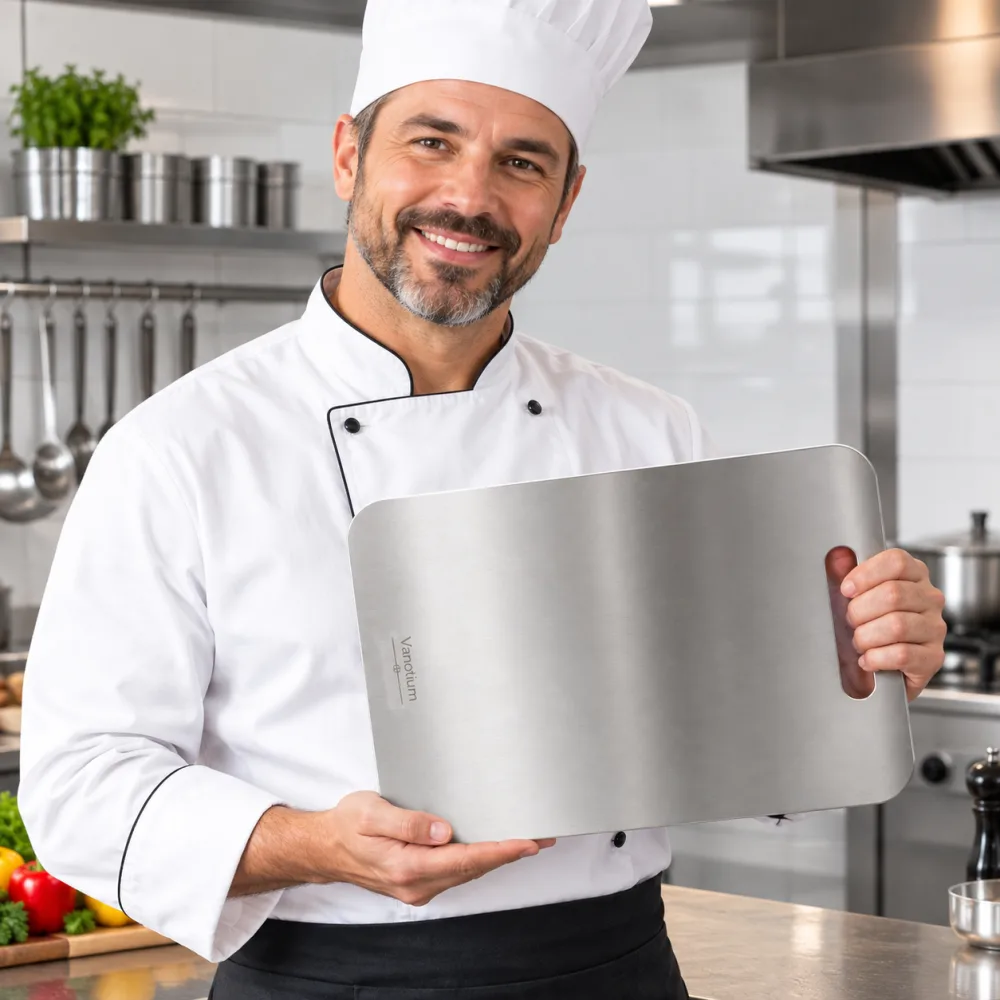 Chef holding the Vanotium titanium cutting board