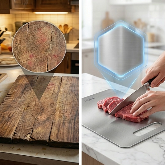 Scratched wood board surface compared with the smooth Vanotium titanium surface