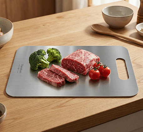 Vanotium cutting board on a kitchen counter with steak, broccoli and tomatoes