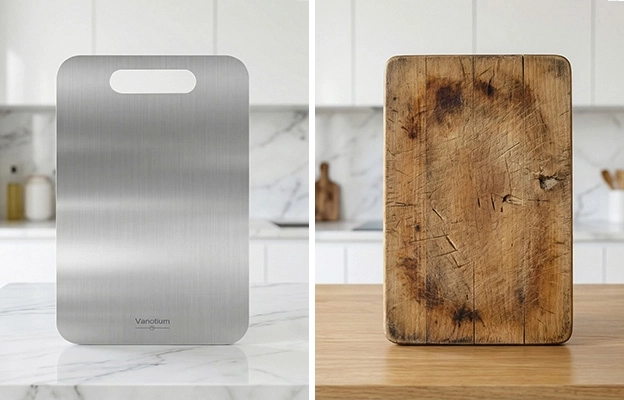 Vanotium titanium cutting board next to a worn wooden cutting board