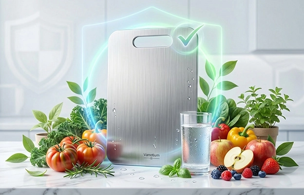 Vanotium cutting board with fresh vegetables and fruit